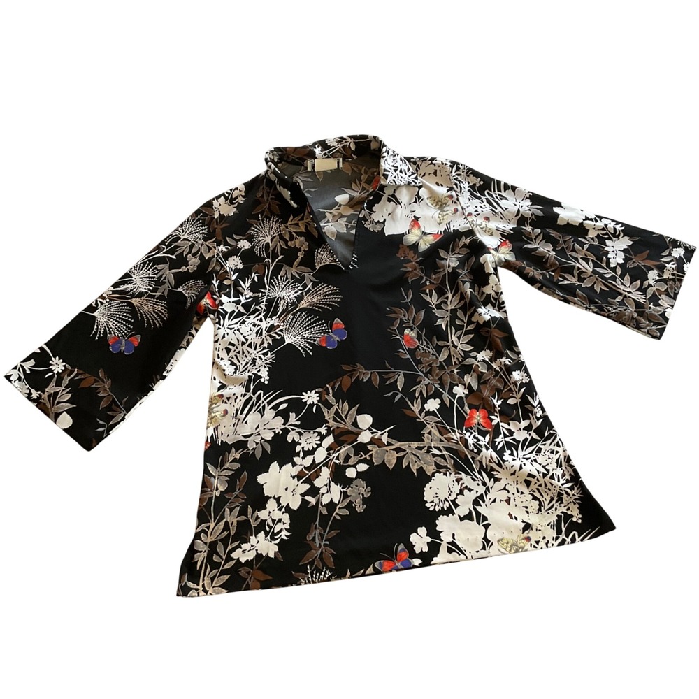 Teddi of California Tunic Blouse Womens 18 Black Floral‎ Butterfly Vintage 70s
